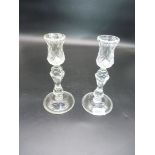 A pair of Georgian clear glass Candlesticks with diamond facet sconces,
