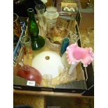 A quantity of glass including cranberry jug (small chip), fluted glasses with frosted bird bases,