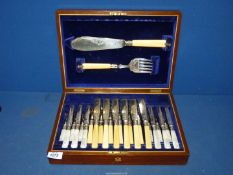 A boxed set including fish eaters and servers with bone handles and six fruit knives and forks with