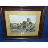 A framed and mounted watercolour of a river landscape possibly the river Wye at Hereford with the