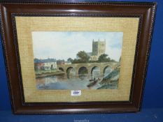 A framed and mounted watercolour of a river landscape possibly the river Wye at Hereford with the