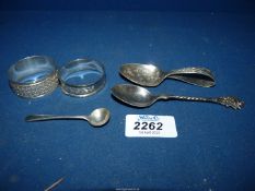 Two Silver napkins, baby spoon, teaspoon and mustard spoon, Birmingham makers, 58.6 gms.