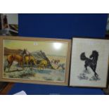 A framed and mounted Print on fabric of a black horse, signed D.K.