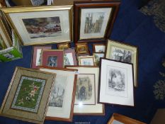 A quantity of pictures to include La Haye, Etching of The Cathedral of Mayonce,