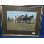 A framed and mounted pastel drawing 'A Team of Four Shires Pulling a Set of Rolls',