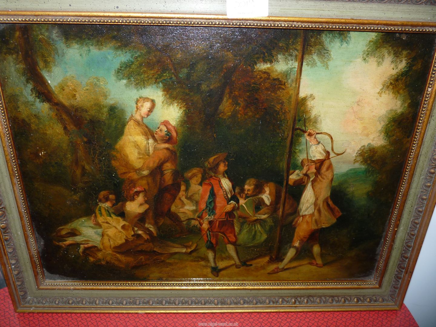 Three framed pictures to include an oil painting on chamfered wood panel after Nicolas Lancret, - Image 2 of 2