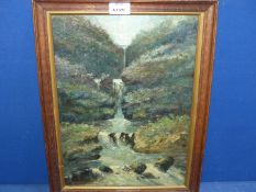 A wooden framed Oil on board of a river landscape with a triple waterfall cascading between a rocky
