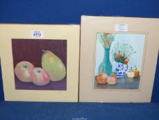 Two mounted Roy Escott still life paintings including Autumn Fruit in pastels and Blue and White