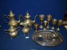 A quantity of plated coffee and teapots, goblets, tray, etc.