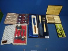 A small quantity of plated cutlery including boxed pair of fish servers, grapefruit spoons,