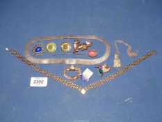 A 925 silver choker, gold coloured necklace, brooches, pins etc.
