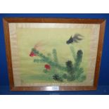 A Japanese watercolour on silk picture of fish and pond, signed, glass a/f..