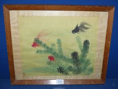 A Japanese watercolour on silk picture of fish and pond, signed, glass a/f..