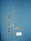 A quantity of silver and amber style stone jewellery including earrings, silver ring N 1/2,