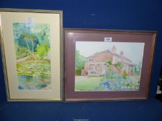 Two framed and mounted Watercolours including one of a garden pond with goldfish and one of a pink