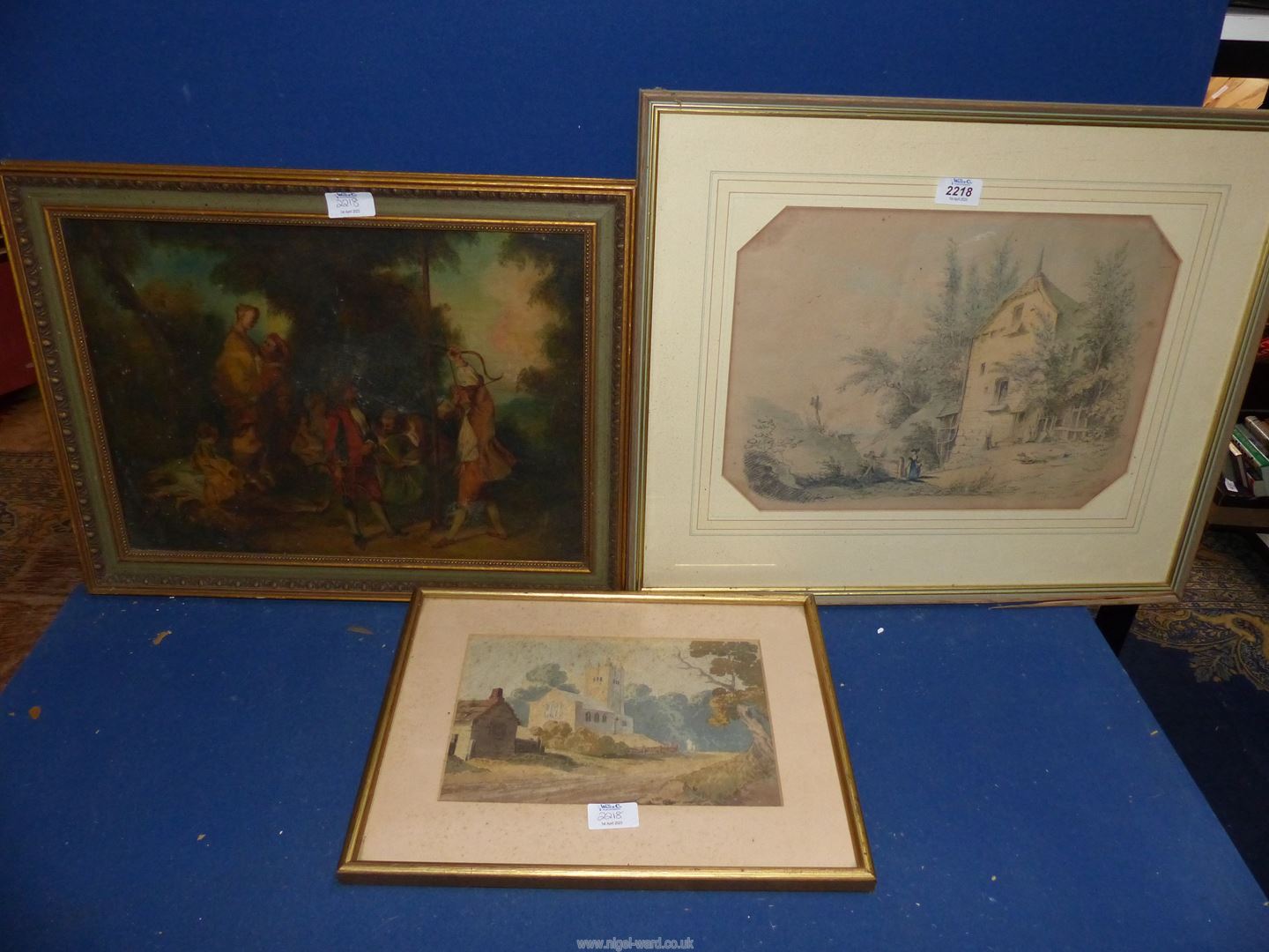 Three framed pictures to include an oil painting on chamfered wood panel after Nicolas Lancret,