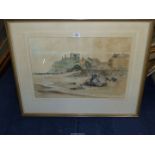 A large framed and mounted watercolour and ink painting 'Criccieth Castle, North Wales',