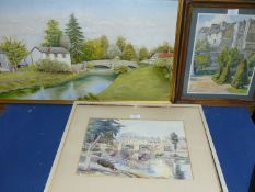 A gilt framed Oil on board of a river scene with cottages,signed lower right F.J.