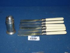 A Silver Pepper pot with blue lining, plus six Epns butter knives.