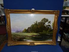 A large gilt framed Oil on canvas of a river scene with gentlemen fishing and figures in a punt,