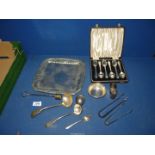 A small quantity of plated and white metal items including sugar tongs, salver, sauce ladles etc.