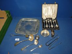 A small quantity of plated and white metal items including sugar tongs, salver, sauce ladles etc.