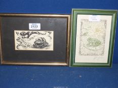 A framed and mounted etching 'Froggy Would a Wooing Go' by Janet Jordan and unsigned etching of a
