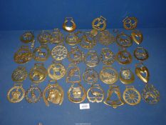 A quantity of horse brasses including dogs, parrot, owl, etc.