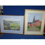 A framed and mounted Pastel of a large red brick building,