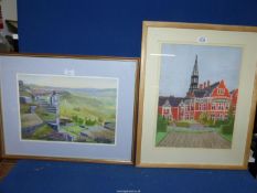 A framed and mounted Pastel of a large red brick building,