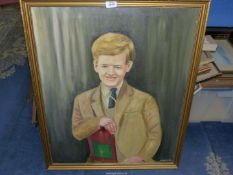 A large Oil on canvas of a Young boy sat on a wooden chair, signed lower right Charles Green,