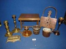 A quantity of brass and copper including Art Nouveau small vase by Joseph Sankey, a copper trivet,