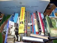 A box of books including Cruise Ships, Ferries, Catalogue of Admiralty Charts, World Boxing etc.