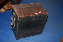 A wooden box with rope handles 19" x 12" x 19" high.
