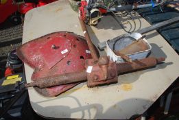 A Ferguson T bar hitch with ball hitch fitted, a vintage implement seat,