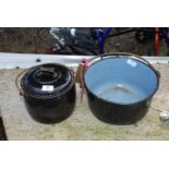 An enamel preserving pan and lidded casserole pot.