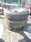 Three trailer wheels/tyres; 13" with 4" space on hub.