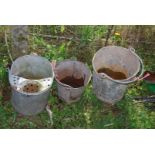 Three galvanised buckets including mop, riveted, etc.
