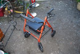 A mobility aid walker with seat and brakes.