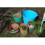 Three glazed planters, trug, etc.