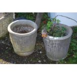 Two concrete planters, 13'' square, one having slight moulding mark to one side.