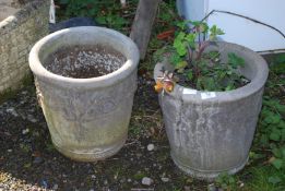 Two concrete planters, 13'' square, one having slight moulding mark to one side.