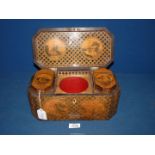 An unusual 19th c Mauchline ware Tea Caddy decorated with scenes of houses in round panels on a