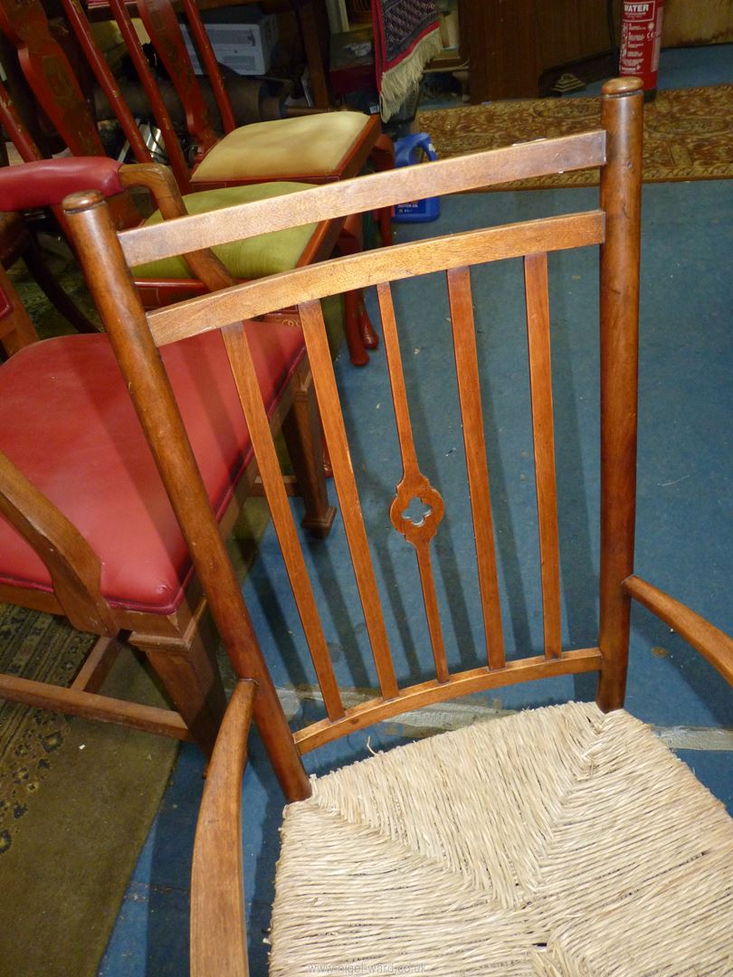 An elegant mixed woods Arts and crafts design open armed Elbow Chair having a fretworked central - Image 2 of 4