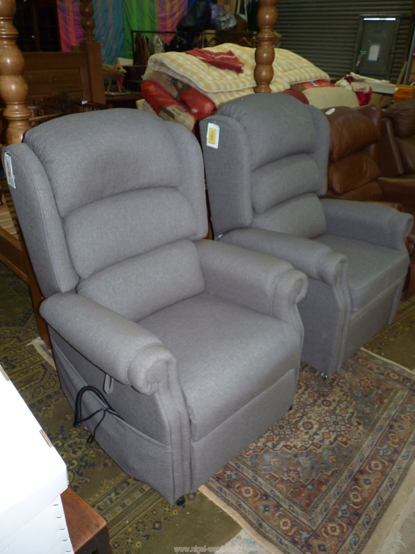 A pair of British made Armchairs upholstered in grey-blue weave type fabric, - Image 2 of 4