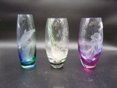 Three Caithness glass vases with Dolphin, Robin and Rose decoration, 8" and 8 1/2" tall.