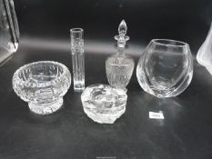 Five pieces of crystal glass including signed Stuart footed decanter with diamond cut pattern and