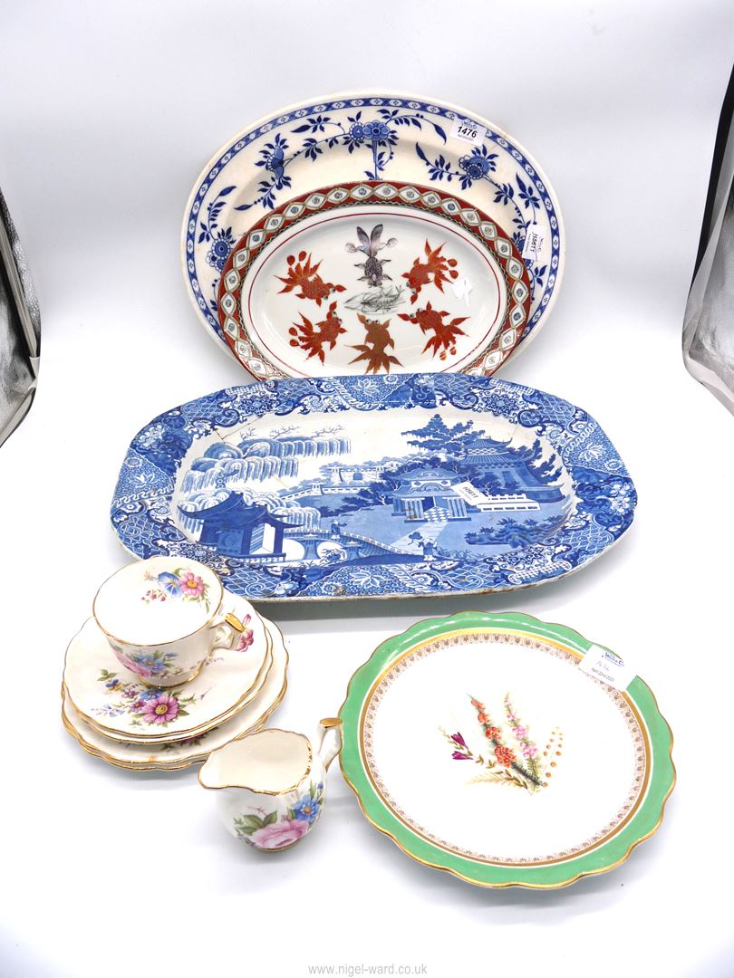 Two blue and white Meat plates (Willow pattern one with cracks and repairs),