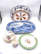 Two blue and white Meat plates (Willow pattern one with cracks and repairs),