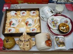 A quantity of china including; Beyond Ten Ren dolls tea set, chutney pot, honey pot,
